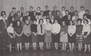 My grade 12 class in 1963. I am in the top right with the V-neck sweater.  Over the years, my head has grown into my ears.   At the far right in the first row is Lorna Harris . Lorna and I are still great friends after these 50 years, corresponding regularly by Facebook and email.  An enduring friendship. Could we ever imagine what the next 50 years would bring?