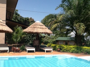 The pool view from the patio in front of our room at Surjio's Guest House in Jinja, Uganda.
